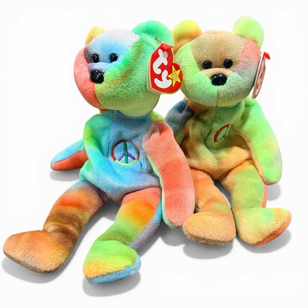 Ty Beanie‎ Babies Peace Bear 1996 Tie Dye Rainbow Plush Lot of 2 w/ Tags